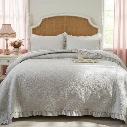 BOV Dark Grey Farmhouse Quilt Set Queen,Ruffled Stone-Washed Bedding