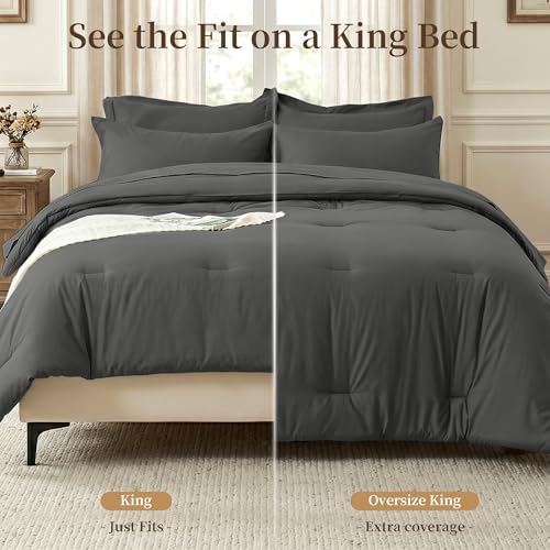 Oversized King Comforter Set 7 Pieces - Ultra-Soft Bed in a Bag, Cozy Luxury All Season Bedding Sets with Comforter, Flat Sheet, Fitted Sheet, 2 Pillow Shams & 2 Pillowcases, Dark Gray