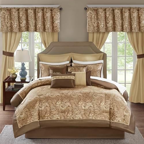 Madison Park Essentials Brystol 24 Piece Room in a Bag Faux Silk Comforter Jacquard Paisley Design Matching Curtains Down Alternative Hypoallergenic All Season Bedding-Set, Queen(90"x90"), Brown