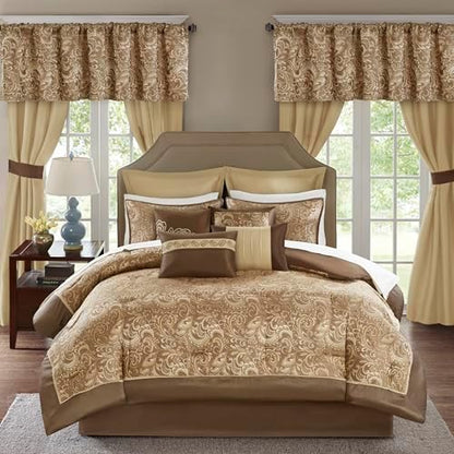Madison Park Essentials Brystol 24 Piece Room in a Bag Faux Silk Comforter Jacquard Paisley Design Matching Curtains Down Alternative Hypoallergenic All Season Bedding-Set, Queen(90"x90"), Brown
