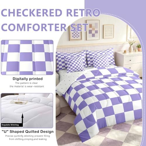 Feelyou Checkered Retro Comforter Set with Sheets 7 Piece King Size Purple Plaid Bedding Set for Kids Boys Girls Geometric Vintage Bed in a Bag Modern Simple Groovy Aesthetic Room Decor Soft