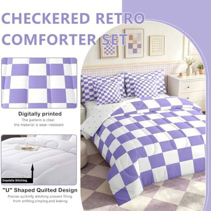 Feelyou Checkered Retro Comforter Set with Sheets 7 Piece King Size Purple Plaid Bedding Set for Kids Boys Girls Geometric Vintage Bed in a Bag Modern Simple Groovy Aesthetic Room Decor Soft