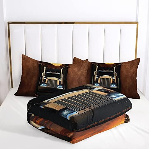 AILONEN Trucks Pattern Comforter Set Twin Size, Brown Truck and The Forest at Dusk Patterns Bedding Set for Kids Boys Girls Teens Bedroom,3 Pieces,1 Quilt and 2 Pillowcases,Soft,Breathable