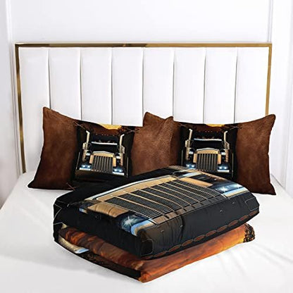 AILONEN Trucks Pattern Comforter Set Twin Size, Brown Truck and The Forest at Dusk Patterns Bedding Set for Kids Boys Girls Teens Bedroom,3 Pieces,1 Quilt and 2 Pillowcases,Soft,Breathable