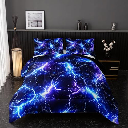 Nttopship Blue Lightning Comforter Set Full Size Bed in A Bag,Lightning Bedding Set for Teen Adult Blue Room Decor Ultra-Soft Lightweight Microfiber with 2 Pillowcases
