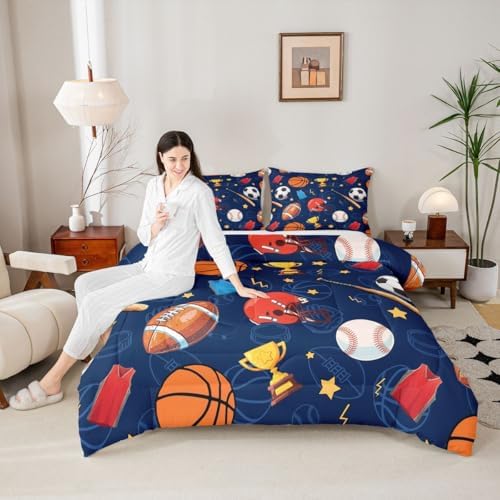 jejeloiu Sports Theme Comforter Set Basketball Soccer Bedding Set Twin Size
