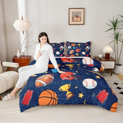 jejeloiu Sports Theme Comforter Set Basketball Soccer Bedding Set Twin Size