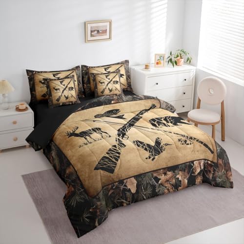 Erosebridal Hunting & Fishing Comforter Set Twin 7 Piece Tree Camo Bedding with Sheets for Kids & Adults Woodland Wildlife Bass Fish Duck Bear Deer Bed in A Bag Rustic Farmhouse Cabin Set