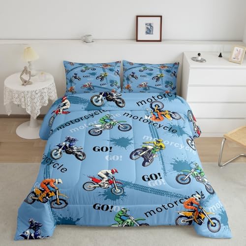 Feelyou Dirt Bike Bedding Set Kids Boys Girls King Size Racing Motocross Rider Comforter Set Teen Adult Ultra Soft Extreme Sports Comforter Motorcycle Racer Duvet Quilt Bedroom Decor Motorbike Quilt