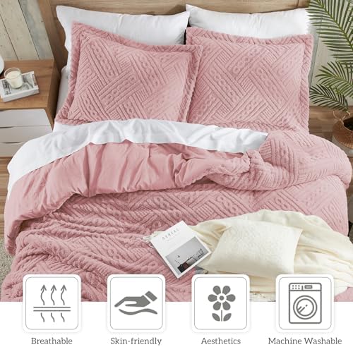 Homelike Moment Fleece Queen Comforter Set, Fluffy Bed Set 3 Piece Pink