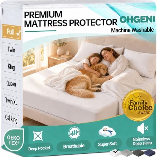 OhGeni Waterproof Mattress Protector, Full Size Mattress Pad Fitted with Deep Pocket 6''-18'', Breathable Noiseless & Soft, Washable Dirt-Proof Mattress Cover for Home, Bedroom, White, Daybed Cover
