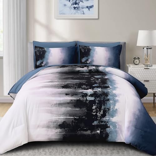 Dinjoy Ombre Blue Comforter Set King Size Gradient Navy Blue Black Boho Bedding Set for Teen Men Women 7 Pieces Bed in A Bag Bohemian Bed Set with Comforter, Sheets, Pillowcases & Shams