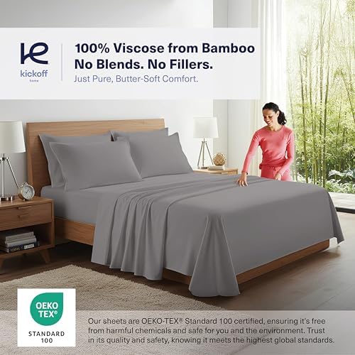 Kickoff Viscose Bamboo Sheets Full Size 4-pc 100% Organic Bamboo Viscose Bed Cooling Sheets Full Size Set Cool Bedding for hot Sleepers Sheet Set - Gift Ready Packaging (Dark Grey, F)