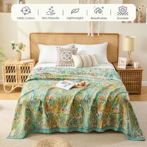 VANJOROY Boho Throw Blanket, 100% Organic Cotton Breathable Skin-Friendly Ultra Soft 50" x 60" Bed Quilt Green Leaf Throw - Floral Luxury Reversible Blanket for Sofa Couch Chair and Gift,