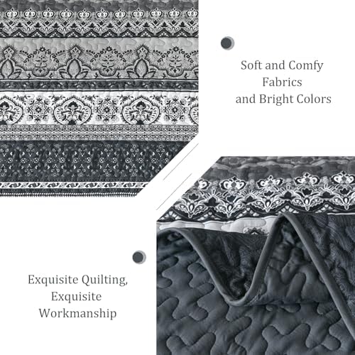 WONGS BEDDING Boho King Quilt Bedding Set, 3 Pieces Bedspread, Black