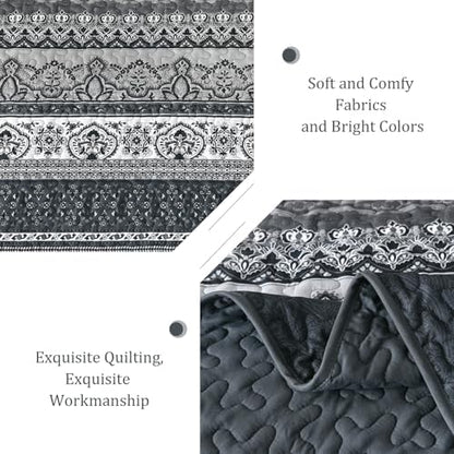 WONGS BEDDING Boho King Quilt Bedding Set, 3 Pieces Bedspread, Black