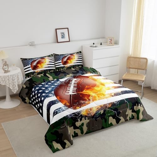 Camouflage Comforter Set for Boys, American Football Quilted Duvet King Size, Sports Games Bedding Set for Kids Teens Adult Bedroom, USA Federations Stars Down Comforter 3 Piece with 2 Pillow Cases
