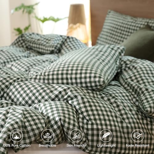 MooMee Gingham Duvet Cover Set 100% Washed Cotton Linen Like