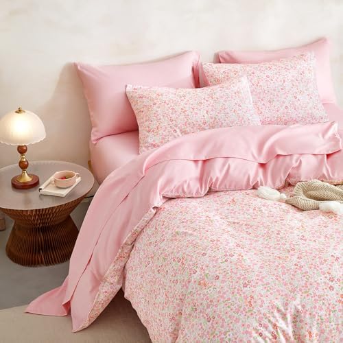 Wake In Cloud - Floral Comforter Set with Sheets, Cute Vintage Flower Cottagecore Aesthetic for Women Teen Girls, 7 Pieces Bed in a Bag, Pink, Queen Size