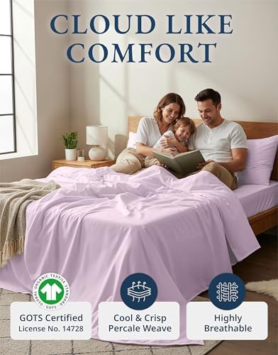 LANE LINEN Twin XL Sheet Set 100% Organic Cotton Percale 3pc - Orchid Petal
