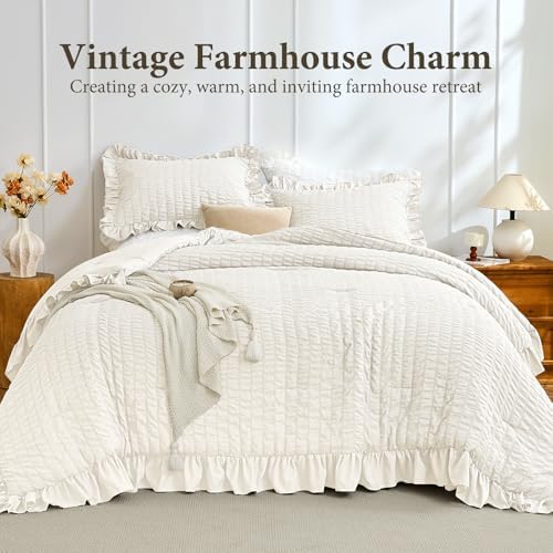 JOLLYVOGUE Ivory Comforter Full Size, 3 Pieces Seersucker Lightweight Full Size Bedding, All Season Fluffy Microfiber Bedding Comforter Set with 1 Ruffle Comforter and 2 Ruffle Pillowshams
