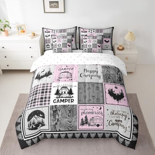 Erosebridal 7 Piece Rv Camper Full Comforter Set for Kids Girls,Happy Camping Bedding Set for Bunk Travel Trailers,Pink Buffalo Plaid Patchwork Bed Set with Sheets,Woodland Rustic Cabin Bed in a Bag