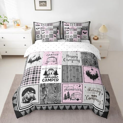 Erosebridal 7 Piece Rv Camper Full Comforter Set for Kids Girls,Happy Camping Bedding Set for Bunk Travel Trailers,Pink Buffalo Plaid Patchwork Bed Set with Sheets,Woodland Rustic Cabin Bed in a Bag