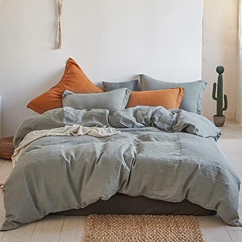 Simple&Opulence 100% Linen Duvet Cover Set 3pcs Basic Style Natural French Washed Flax Solid Color Soft Breathable Farmhouse Bedding with Button Closure - Ultimate Grey, Queen