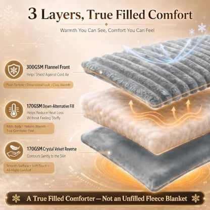 CozyLux Fleece Full Size Comforter Sets, 3 Piece Winter Warm Grey Bedding