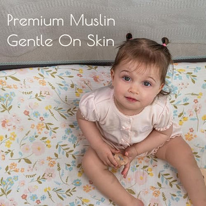 2-Pack Muslin Pack and Play Sheets Fitted, Cotton Muslin Mini Crib Sheets Girl, 27" x 39", Fits Graco Pack n Play Mattress, Playpen Sheets Pack n Play, Oeko-Tex (Floral Pink Pack n Play Sheets)