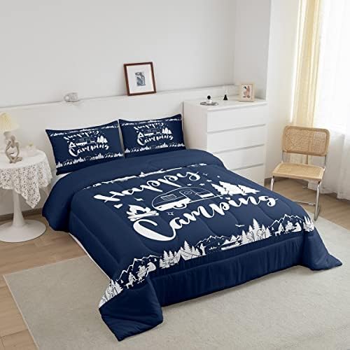 Happy Camping Comforter Set King Size,Camper RV Trailer Decor Rustic Bedding Set 3pcs for Kids Boys Girls Adults,Mountain Travel Adventure Down Comforter,Navy Blue Retro Duvet Insert,2 Pillowcases