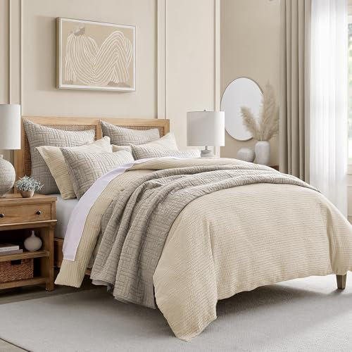 Levtex Home Cloud Waffle Full/Queen Comforter Set (90x94in) with 2 Pillow Shams (26x20in) - Solid Waffle Cotton Texture - Undyed Cream - Cotton Full/Queen Size Comforter Set - Soft, Pre-Washed