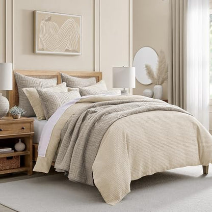 Levtex Home Cloud Waffle Full/Queen Comforter Set (90x94in) with 2 Pillow Shams (26x20in) - Solid Waffle Cotton Texture - Undyed Cream - Cotton Full/Queen Size Comforter Set - Soft, Pre-Washed
