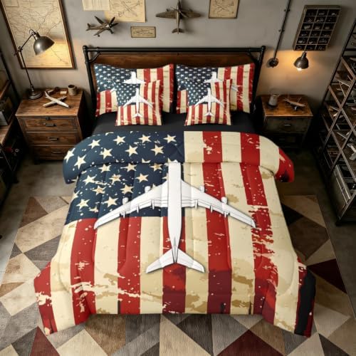 Erosebridal 7 Pcs American Flag Airplane Bedding Set King Military Airplane Comforter Set with Sheets for Boys Kids Teens Men Vintage Patriotic Bed in A Bag Fighter Plane Bed Sets for Aviation Lovers