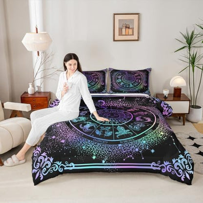 Sun and Moon Comforter Set Zodiac Signs Astrology Bedding Set King Constellations Galaxy Down Comforter Spiritual Gifts for Girls Teens Women,Trippy Leo Aquarius Quilt Duvet Set Purple Blue 3 Pcs