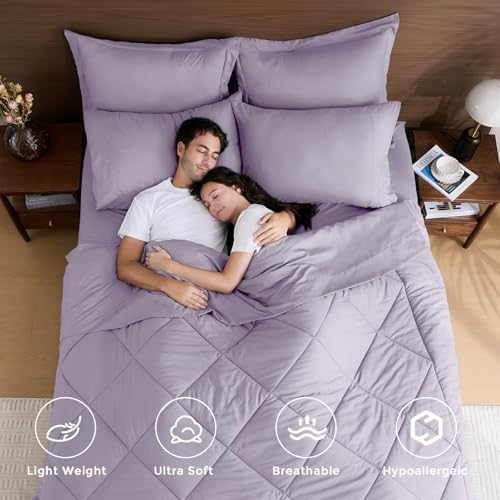 HEVUMYI 7-Piece King Comforter Set, Light Purple Bed in a Bag