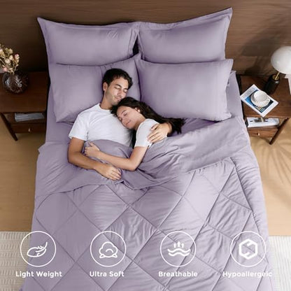 HEVUMYI 7-Piece King Comforter Set, Light Purple Bed in a Bag