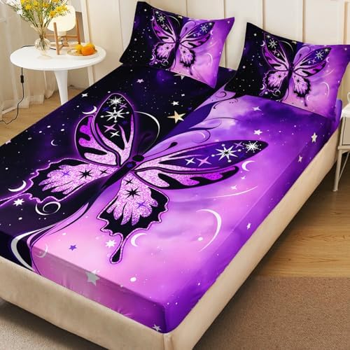 HOSIMA Girls Butterfly Queen Bedding Sets,1 Fitted Sheet+2 Pillowcases.