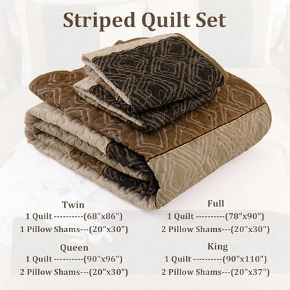 Cottolester Light Brown King Quilt Set,3 Pcs Boho Striped Plaid Bedspread