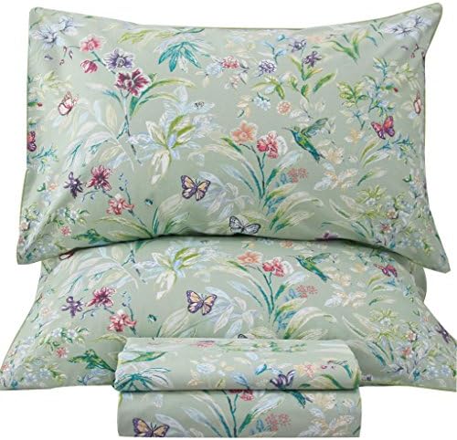 QSH Green Floral Queen Size Sheet Sets - Green Flower Bird Butterfly Print Botanical Bedding Egyptian Cotton Printed Sheets Queen Size Bed Extra Soft and Breathable 17.5" Deep Pockets Bed Sheets 4pcs