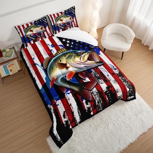 HOSIMA Big Pike Fishing Comforter Set Queen for Teens with 2 Pillowcases.