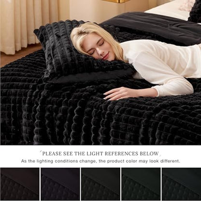 EXQ Home Fluffy Comforter Set Queen Size - Super Soft Faux Fur 3D Grid Jacquard Comforter 3 Pieces, Black Fleece Bedding Set,Winter Warm Bed Set,1 Comforter with 2 Pillowcases