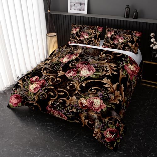 Nttopship Black Boho Floral Comforter Set King Size Flower Bedding Sets 3PCS for Kids Teen Adult Retro Flowers Room Decor Ultra-Soft Lightweight Microfiber 1 Comforter with 2 Pillowcases