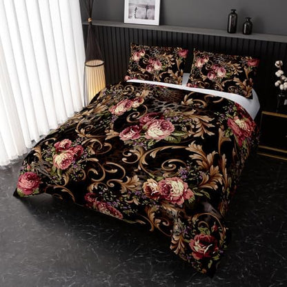 Nttopship Black Boho Floral Comforter Set King Size Flower Bedding Sets 3PCS for Kids Teen Adult Retro Flowers Room Decor Ultra-Soft Lightweight Microfiber 1 Comforter with 2 Pillowcases