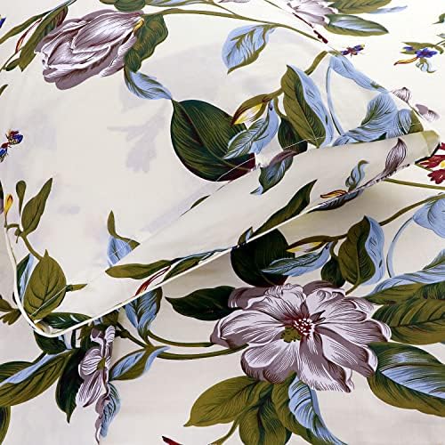 FADFAY Shabby Floral Sheets Full 100% Cotton 600 TC White Flower and Green Leaves Bedding Vintage Garden Botanical Print Country Side Bed Sheet Soft Hypoallergenic Deep Pocket Sheet 17.5''