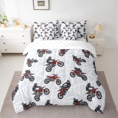 Feelyou Dirt Bike Comforter Set Queen 7 Pieces Graffiti Style Lines Bedding Set for Boys Girls Racing Motocross Rider Bed in a Bag Extreme Sports Room Decor Motorcycle Quilted Soft Lightweight