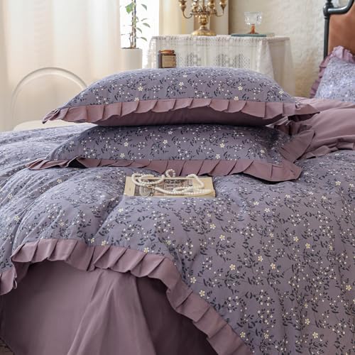 LifeTB Vintage Daisy Flower Duvet Cover Queen 100% Cotton Purple Ruffle Comforter Cover Floral Aesthetic Duvet Cover Romantic Princess Bedding Set Girls Lace Comforter Cover Queen with 2 Pillowcases