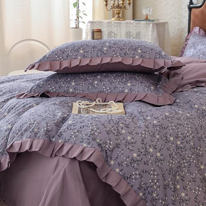 LifeTB Vintage Daisy Flower Duvet Cover Queen 100% Cotton Purple Ruffle Comforter Cover Floral Aesthetic Duvet Cover Romantic Princess Bedding Set Girls Lace Comforter Cover Queen with 2 Pillowcases