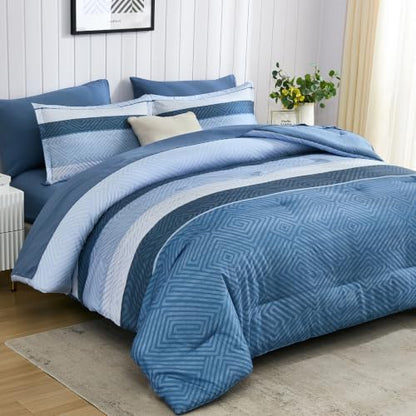 Comforter Set Queen Size 7 Piece Bed in a Bag Boho Haze Blue Striped Bedding Set Soft Microfiber Comforter and Sheet Set for All Season (Queen, 90"x90")