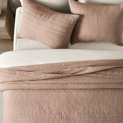 EVERGRACEHOME 100% Cotton Modern Lines Quilt Set Queen Size, Rose Dust